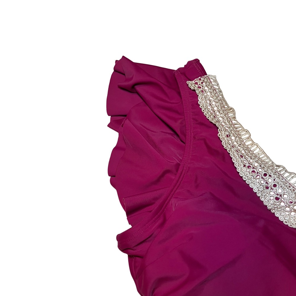 Women's XL Burgundy Ruffle Sleeve Swim Dress with Crochet Lace Trim V-Neck - Picture 4 of 9